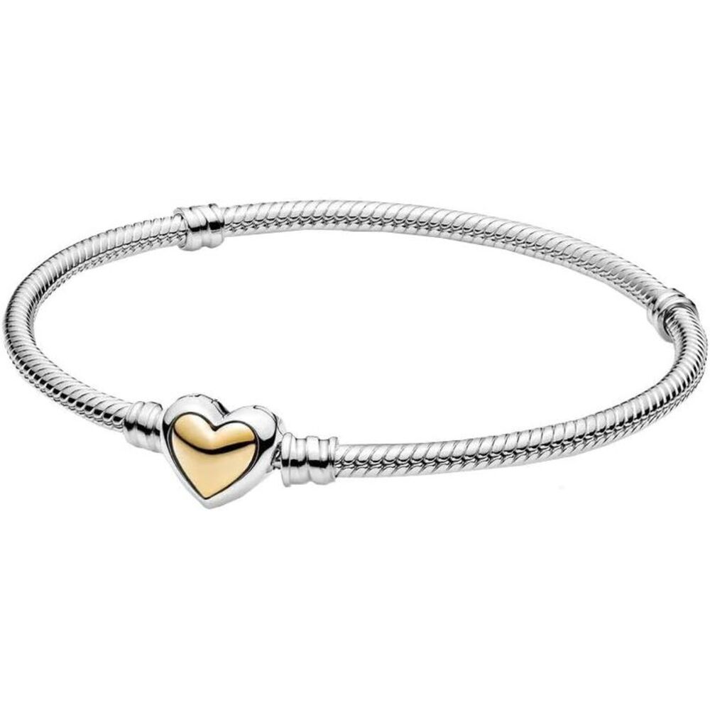 Pandora Domed Golden Heart Clasp Snake Chain Bracelet